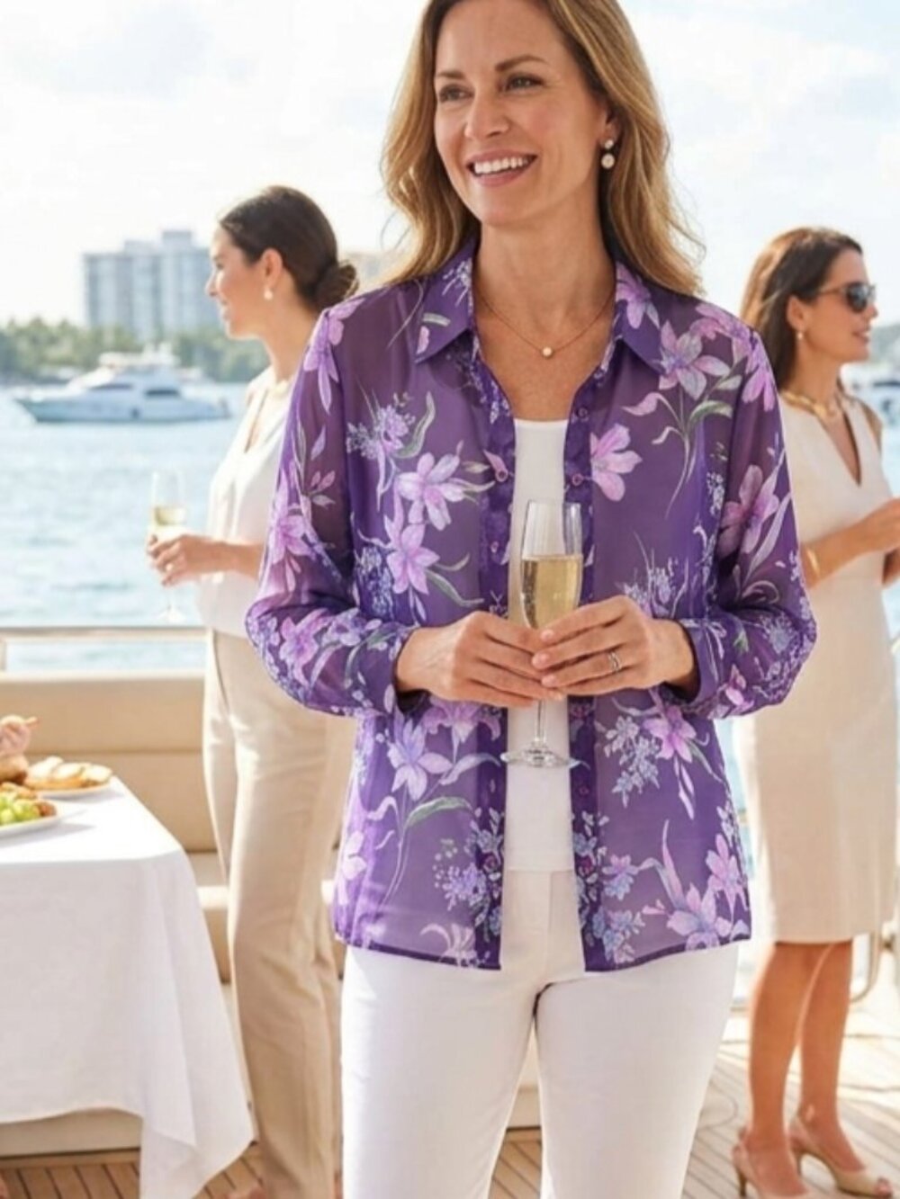 Bonworth Womens Sheer Blouse Large Purple Floral Design Chiffon BOHO